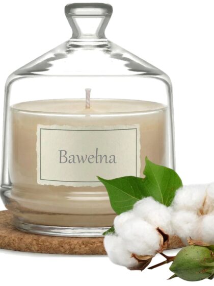 Świeca Zapachowa 280ml BAWEŁNA w Szkle | Świeca Sojowa, Czas palenia: ok. 85h, HANDMADE | z Korkową Podkładką, Seria: Glass 280ml