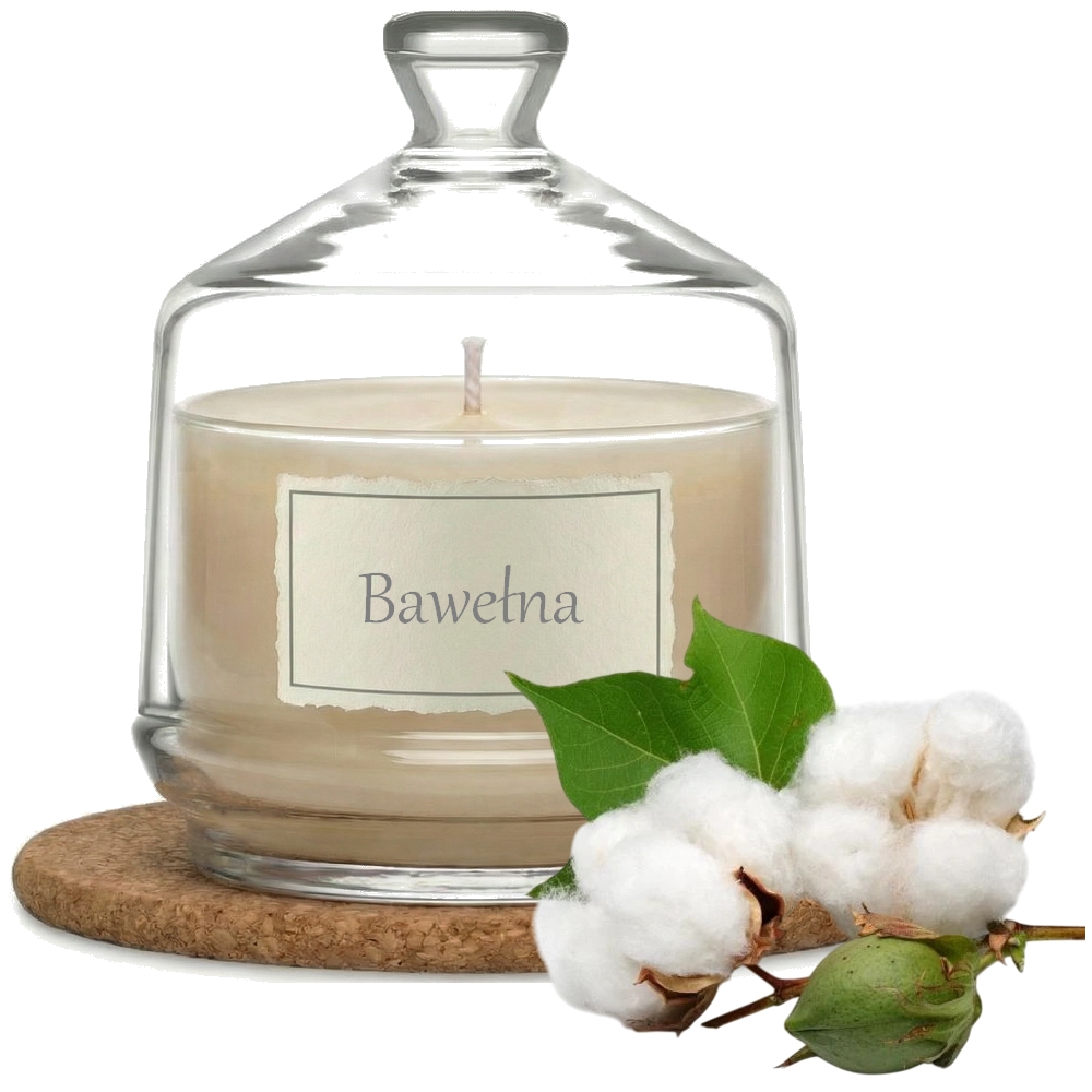 Świeca Zapachowa 280ml BAWEŁNA w Szkle | Świeca Sojowa, Czas palenia: ok. 85h, HANDMADE | z Korkową Podkładką, Seria: Glass 280ml