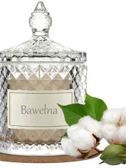 Świeca Zapachowa 330ml BAWEŁNA w Krysztale | Świeca Sojowa, Czas palenia: ok. 100h, HANDMADE | z Korkową Podkładką, Seria: Cristal 330ml