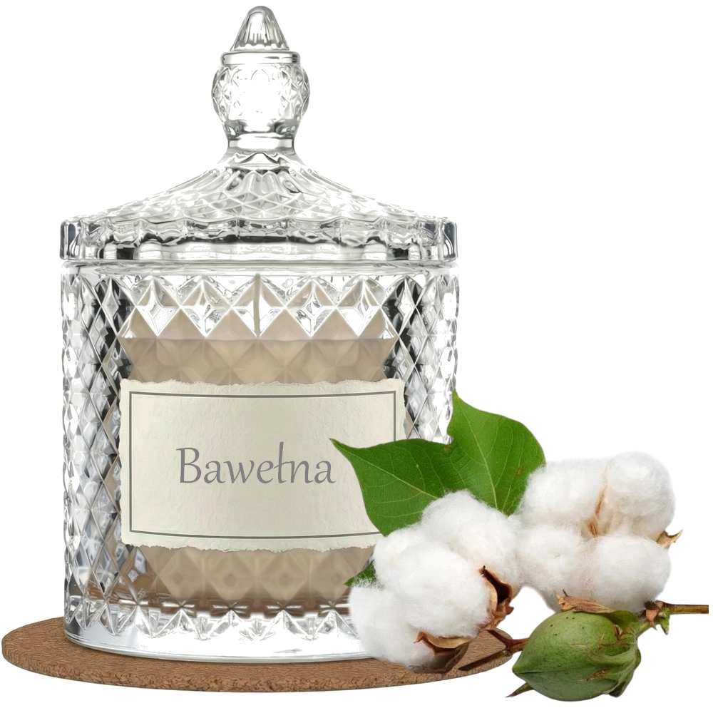 Świeca Zapachowa 330ml BAWEŁNA w Krysztale | Świeca Sojowa, Czas palenia: ok. 100h, HANDMADE | z Korkową Podkładką, Seria: Cristal 330ml