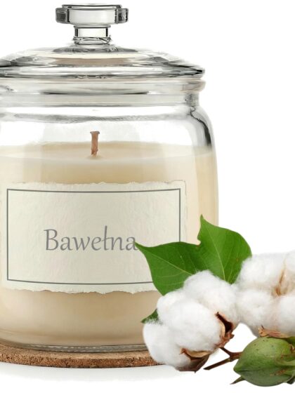Świeca Zapachowa 750ml BAWEŁNA w Szkle | Świeca Sojowa, Czas palenia: ok. 230h, HANDMADE | z Korkową Podkładką, Seria: Glass 750ml