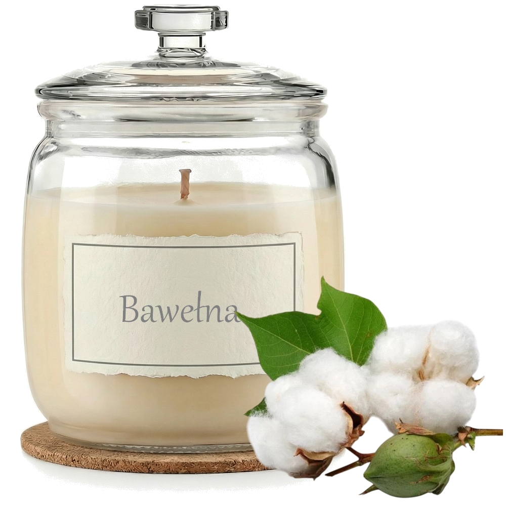 Świeca Zapachowa 750ml BAWEŁNA w Szkle | Świeca Sojowa, Czas palenia: ok. 230h, HANDMADE | z Korkową Podkładką, Seria: Glass 750ml