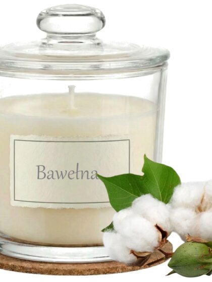 Świeca Zapachowa 440ml BAWEŁNA w Szkle | Świeca Sojowa, Czas palenia: ok. 140h, HANDMADE | z Korkową Podkładką, Seria: Glass 440ml