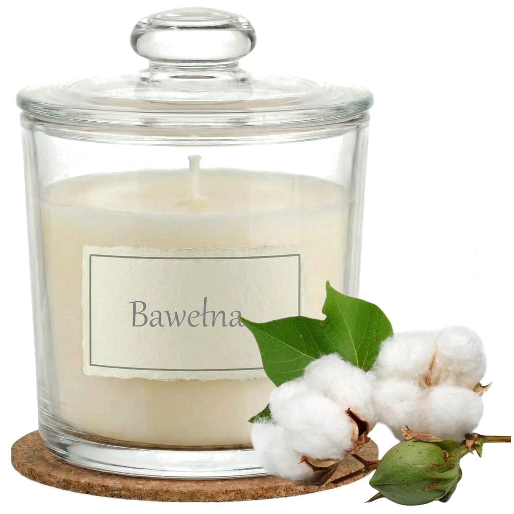 Świeca Zapachowa 440ml BAWEŁNA w Szkle | Świeca Sojowa, Czas palenia: ok. 140h, HANDMADE | z Korkową Podkładką, Seria: Glass 440ml
