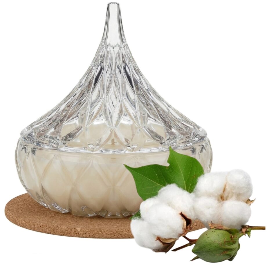 Świeca Zapachowa 220ml BAWEŁNA w Krysztale | Świeca Sojowa, Czas palenia: ok. 65h, HANDMADE | z Korkową Podkładką, Seria: Cristal 220ml