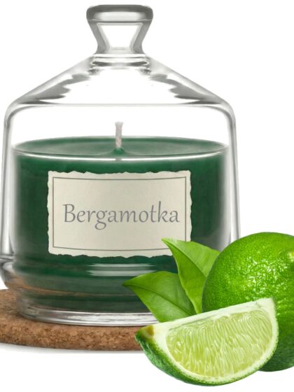 Świeca Zapachowa 280ml BERGAMOTKA w Szkle | Świeca Sojowa, Czas palenia: ok. 85h, HANDMADE | z Korkową Podkładką, Seria: Glass 280ml