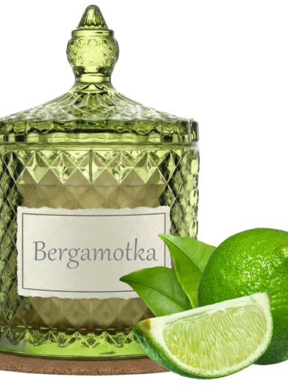 Świeca Zapachowa 330ml BERGAMOTKA w Krysztale | Świeca Sojowa, Czas palenia: ok. 100h, HANDMADE | z Korkową Podkładką, Seria: Cristal 330ml