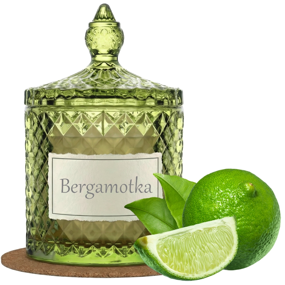 Świeca Zapachowa 330ml BERGAMOTKA w Krysztale | Świeca Sojowa, Czas palenia: ok. 100h, HANDMADE | z Korkową Podkładką, Seria: Cristal 330ml