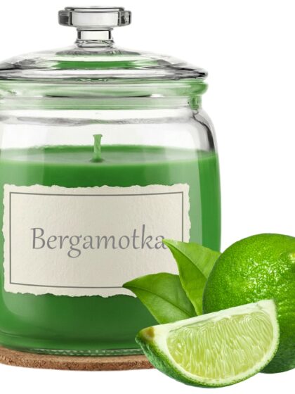 Świeca Zapachowa 750ml BERGAMOTKA w Szkle | Świeca Sojowa, Czas palenia: ok. 230h, HANDMADE | z Korkową Podkładką, Seria: Glass 750ml