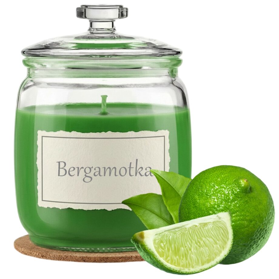Świeca Zapachowa 750ml BERGAMOTKA w Szkle | Świeca Sojowa, Czas palenia: ok. 230h, HANDMADE | z Korkową Podkładką, Seria: Glass 750ml