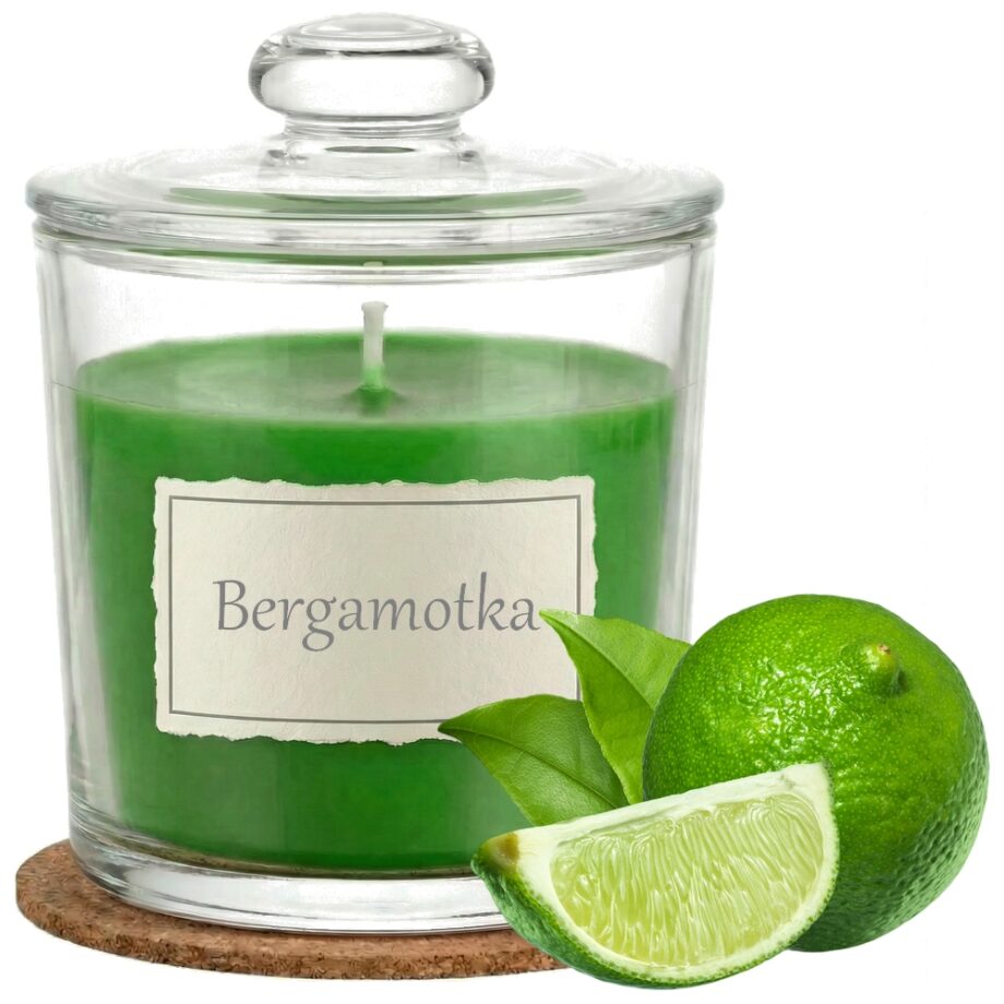 Świeca Zapachowa 440ml BERGAMOTKA w Szkle | Świeca Sojowa, Czas palenia: ok. 140h, HANDMADE | z Korkową Podkładką, Seria: Glass 440ml