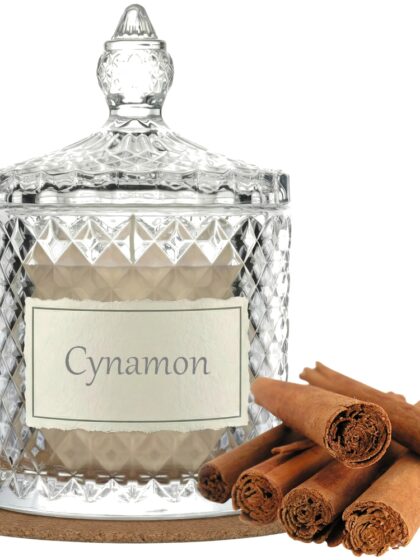 Świeca Zapachowa 330ml CYNAMON w Krysztale | Świeca Sojowa, Czas palenia: ok. 100h, HANDMADE | z Korkową Podkładką, Seria: Cristal 330ml