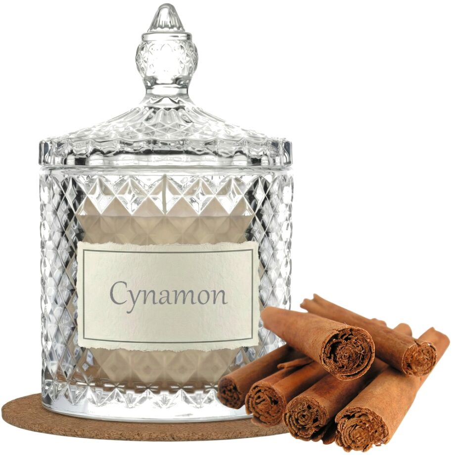 Świeca Zapachowa 330ml CYNAMON w Krysztale | Świeca Sojowa, Czas palenia: ok. 100h, HANDMADE | z Korkową Podkładką, Seria: Cristal 330ml