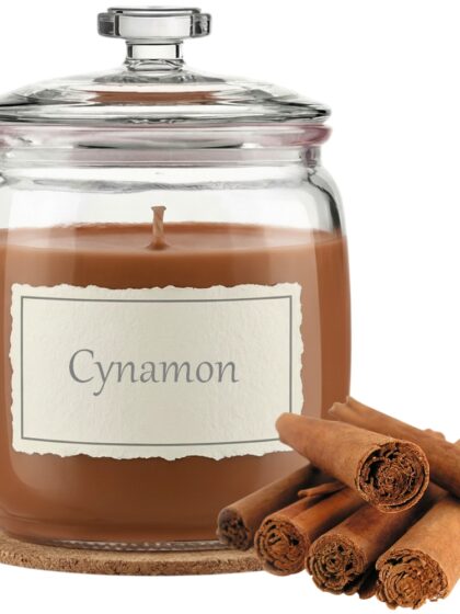 Świeca Zapachowa 750ml CYNAMON w Szkle | Świeca Sojowa, Czas palenia: ok. 230h, HANDMADE | z Korkową Podkładką, Seria: Glass 750ml