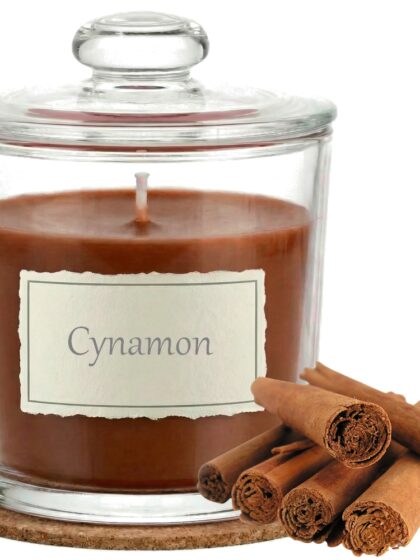 Świeca Zapachowa 440ml CYNAMON w Szkle | Świeca Sojowa, Czas palenia: ok. 140h, HANDMADE | z Korkową Podkładką, Seria: Glass 440ml
