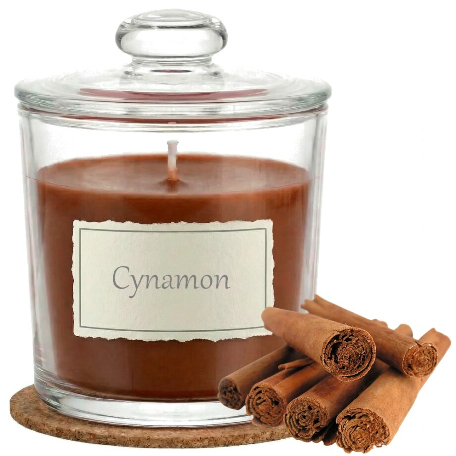 Świeca Zapachowa 440ml CYNAMON w Szkle | Świeca Sojowa, Czas palenia: ok. 140h, HANDMADE | z Korkową Podkładką, Seria: Glass 440ml