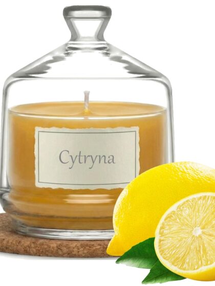 Świeca Zapachowa 280ml CYTRYNA w Szkle | Świeca Sojowa, Czas palenia: ok. 85h, HANDMADE | z Korkową Podkładką, Seria: Glass 280ml