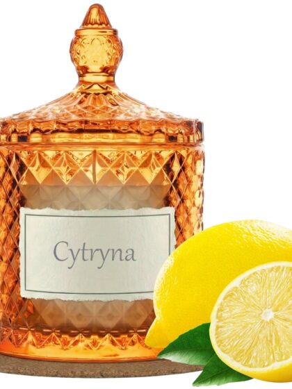 Świeca Zapachowa 330ml CYTRYNA w Krysztale | Świeca Sojowa, Czas palenia: ok. 100h, HANDMADE | z Korkową Podkładką, Seria: Cristal 330ml