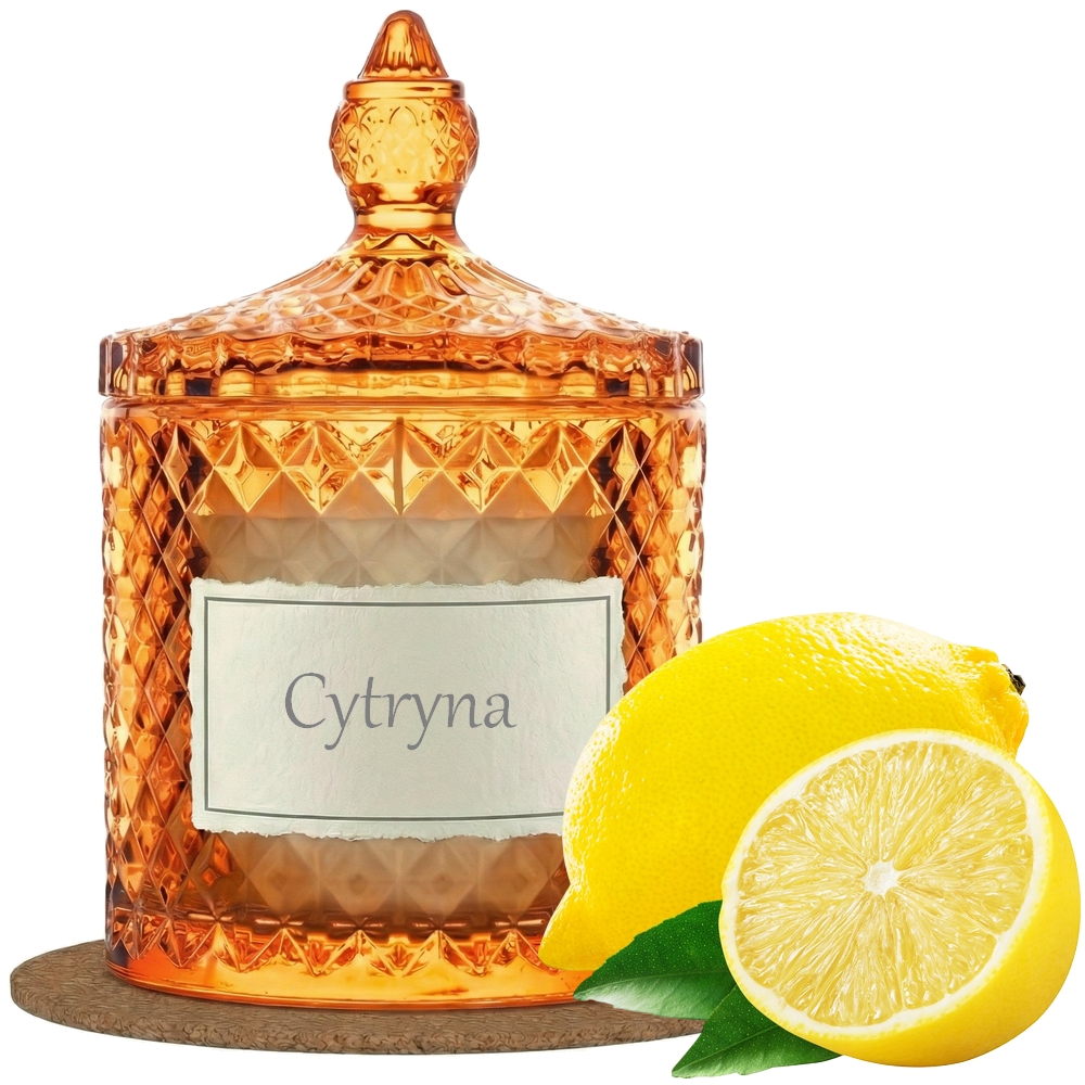 Świeca Zapachowa 330ml CYTRYNA w Krysztale | Świeca Sojowa, Czas palenia: ok. 100h, HANDMADE | z Korkową Podkładką, Seria: Cristal 330ml