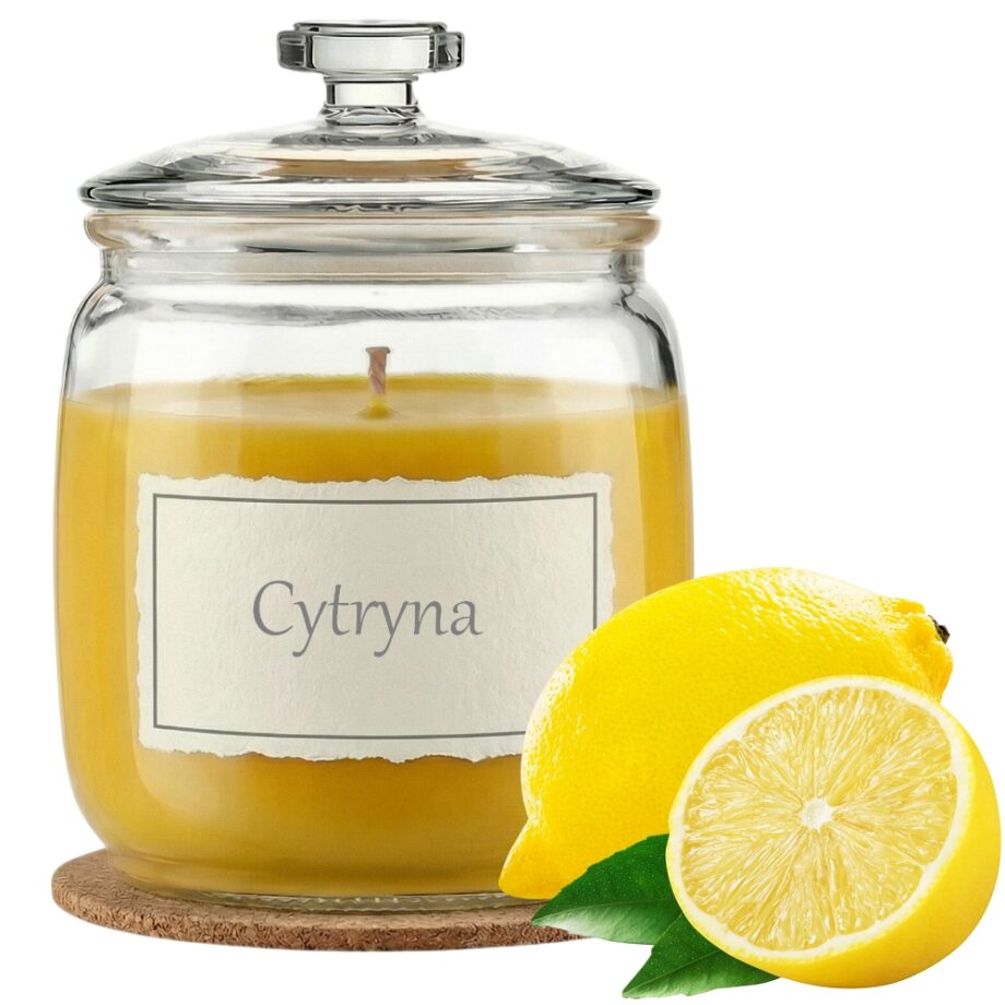 Świeca Zapachowa 750ml CYTRYNA w Szkle | Świeca Sojowa, Czas palenia: ok. 230h, HANDMADE | z Korkową Podkładką, Seria: Glass 750ml