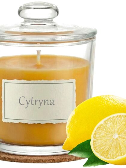 Świeca Zapachowa 440ml CYTRYNA w Szkle | Świeca Sojowa, Czas palenia: ok. 140h, HANDMADE | z Korkową Podkładką, Seria: Glass 440ml