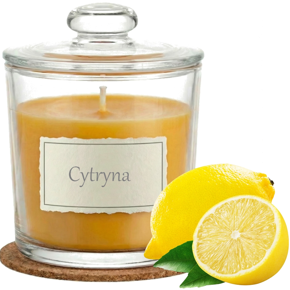 Świeca Zapachowa 440ml CYTRYNA w Szkle | Świeca Sojowa, Czas palenia: ok. 140h, HANDMADE | z Korkową Podkładką, Seria: Glass 440ml
