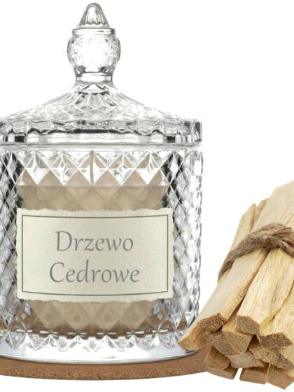 Świeca Zapachowa 330ml DRZEWO CEDROWE w Krysztale | Świeca Sojowa, Czas palenia: ok. 100h, HANDMADE | z Korkową Podkładką, Seria: Cristal 330ml