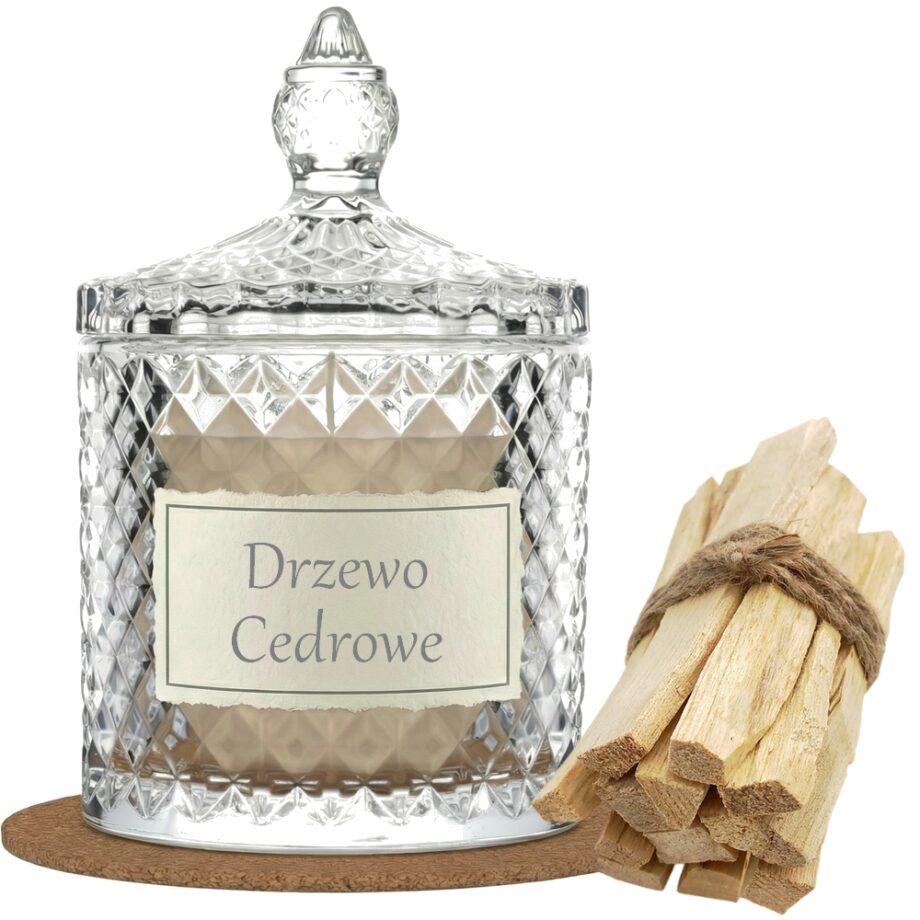 Świeca Zapachowa 330ml DRZEWO CEDROWE w Krysztale | Świeca Sojowa, Czas palenia: ok. 100h, HANDMADE | z Korkową Podkładką, Seria: Cristal 330ml