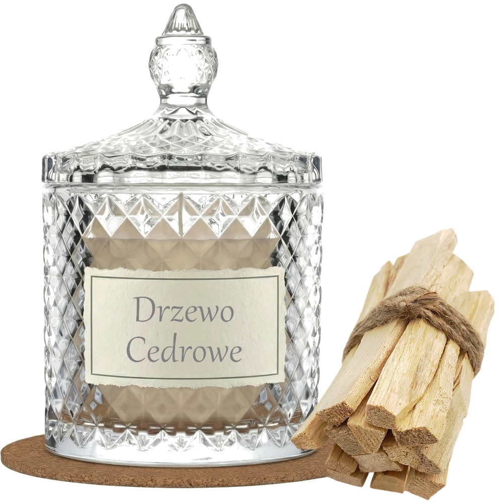 Świeca Zapachowa 330ml DRZEWO CEDROWE w Krysztale | Świeca Sojowa, Czas palenia: ok. 100h, HANDMADE | z Korkową Podkładką, Seria: Cristal 330ml