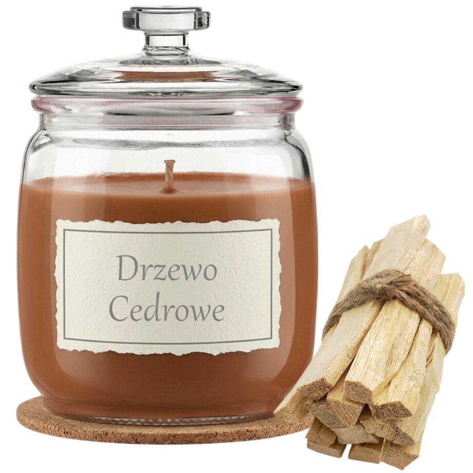 Świeca Zapachowa 750ml DRZEWO CEDROWE w Szkle | Świeca Sojowa, Czas palenia: ok. 230h, HANDMADE | z Korkową Podkładką, Seria: Glass 750ml