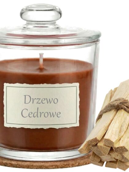 Świeca Zapachowa 440ml DRZEWO CEDROWE w Szkle | Świeca Sojowa, Czas palenia: ok. 140h, HANDMADE | z Korkową Podkładką, Seria: Glass 440ml