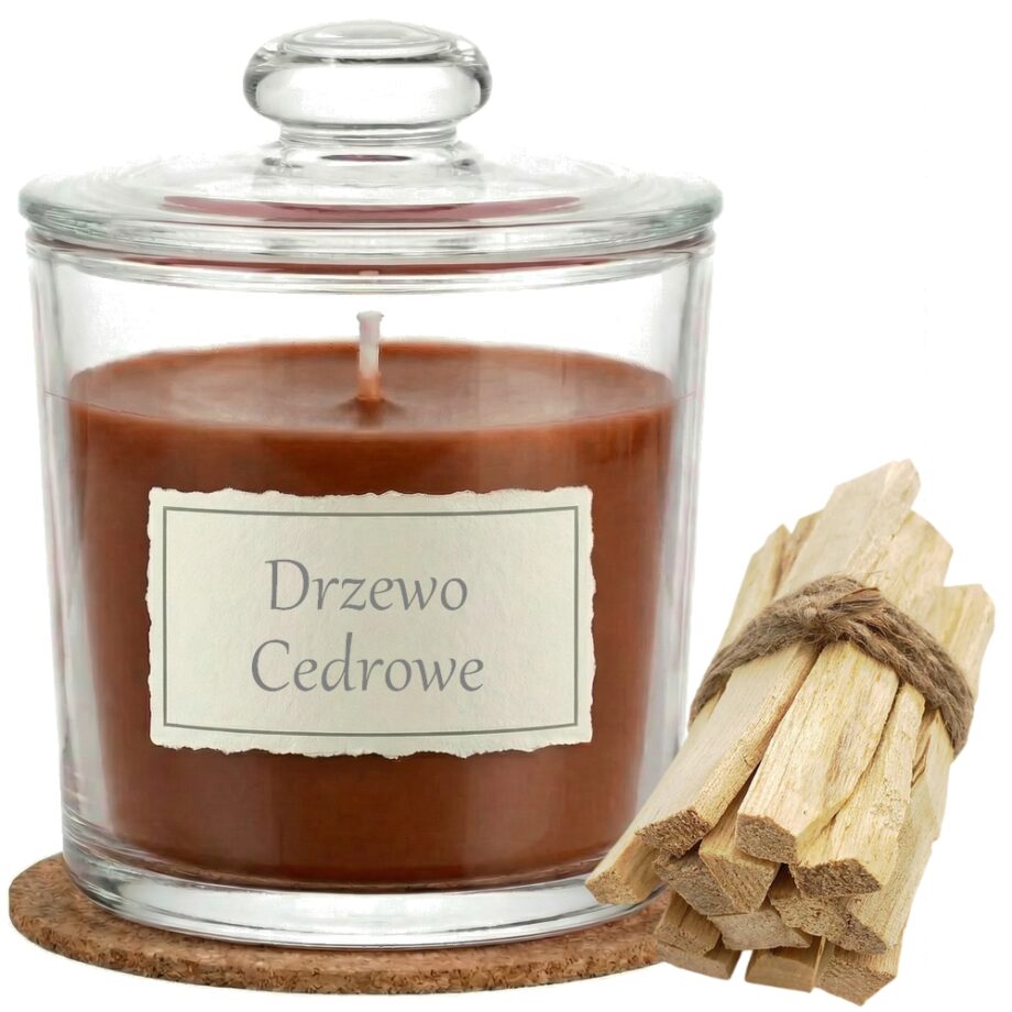 Świeca Zapachowa 440ml DRZEWO CEDROWE w Szkle | Świeca Sojowa, Czas palenia: ok. 140h, HANDMADE | z Korkową Podkładką, Seria: Glass 440ml