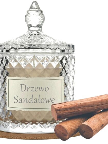 Świeca Zapachowa 330ml DRZEWO SANDAŁOWE w Krysztale | Świeca Sojowa, Czas palenia: ok. 100h, HANDMADE | z Korkową Podkładką, Seria: Cristal 330ml