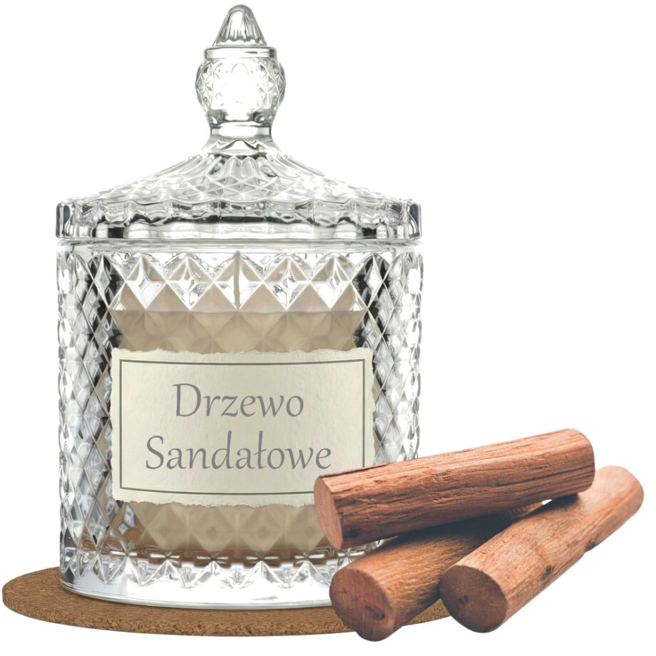 Świeca Zapachowa 330ml DRZEWO SANDAŁOWE w Krysztale | Świeca Sojowa, Czas palenia: ok. 100h, HANDMADE | z Korkową Podkładką, Seria: Cristal 330ml