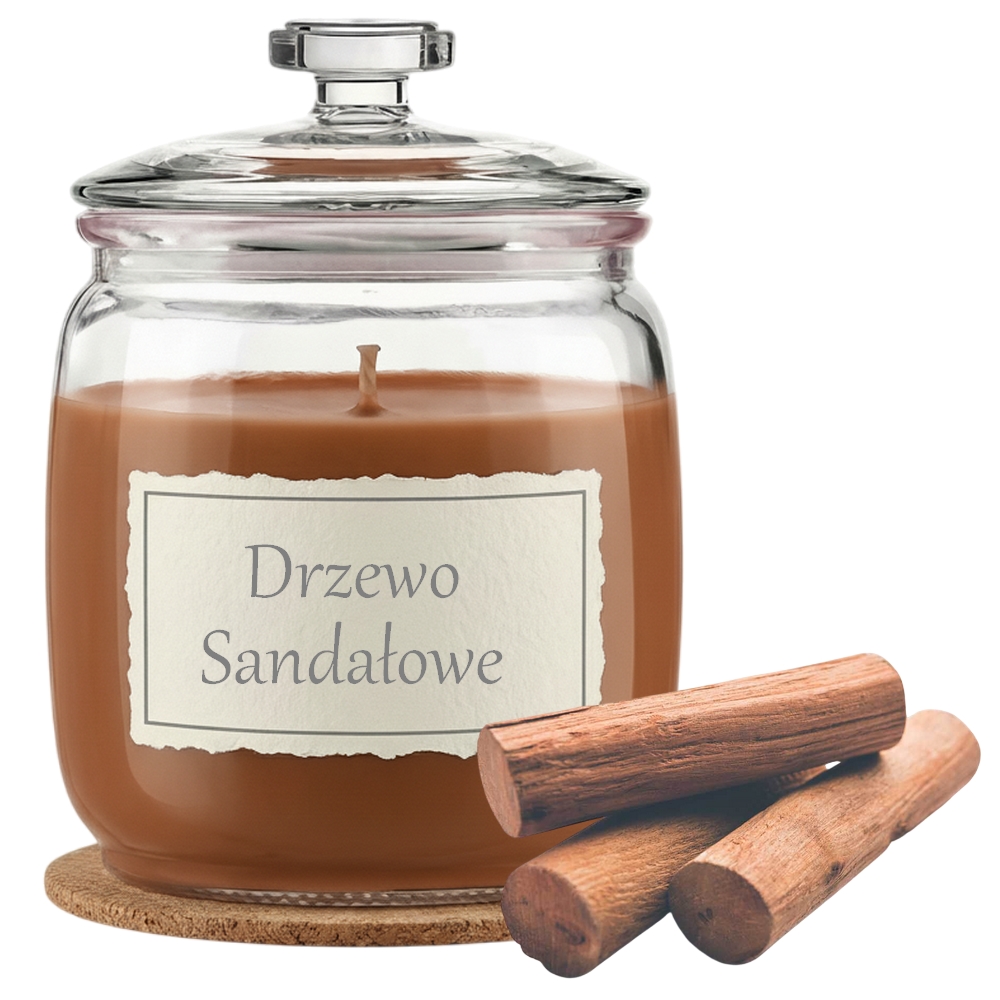 Świeca Zapachowa 750ml DZREWO SANDAŁOWE w Szkle | Świeca Sojowa, Czas palenia: ok. 230h, HANDMADE | z Korkową Podkładką, Seria: Glass 750ml
