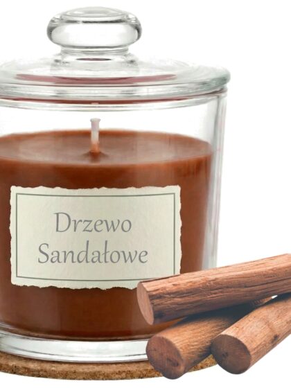 Świeca Zapachowa 440ml DRZEWO SANDAŁOWE w Szkle | Świeca Sojowa, Czas palenia: ok. 140h, HANDMADE | z Korkową Podkładką, Seria: Glass 440ml
