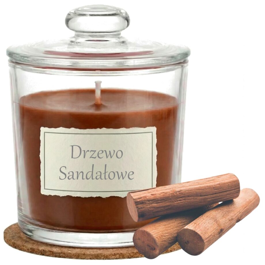 Świeca Zapachowa 440ml DRZEWO SANDAŁOWE w Szkle | Świeca Sojowa, Czas palenia: ok. 140h, HANDMADE | z Korkową Podkładką, Seria: Glass 440ml