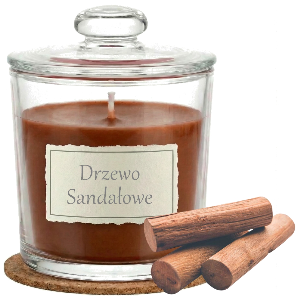 Świeca Zapachowa 440ml DRZEWO SANDAŁOWE w Szkle | Świeca Sojowa, Czas palenia: ok. 140h, HANDMADE | z Korkową Podkładką, Seria: Glass 440ml
