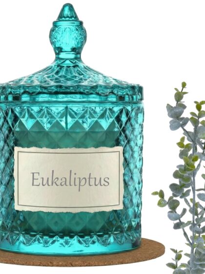 Świeca Zapachowa 330ml EUKALIPTUS w Krysztale | Świeca Sojowa, Czas palenia: ok. 100h, HANDMADE | z Korkową Podkładką, Seria: Cristal 330ml