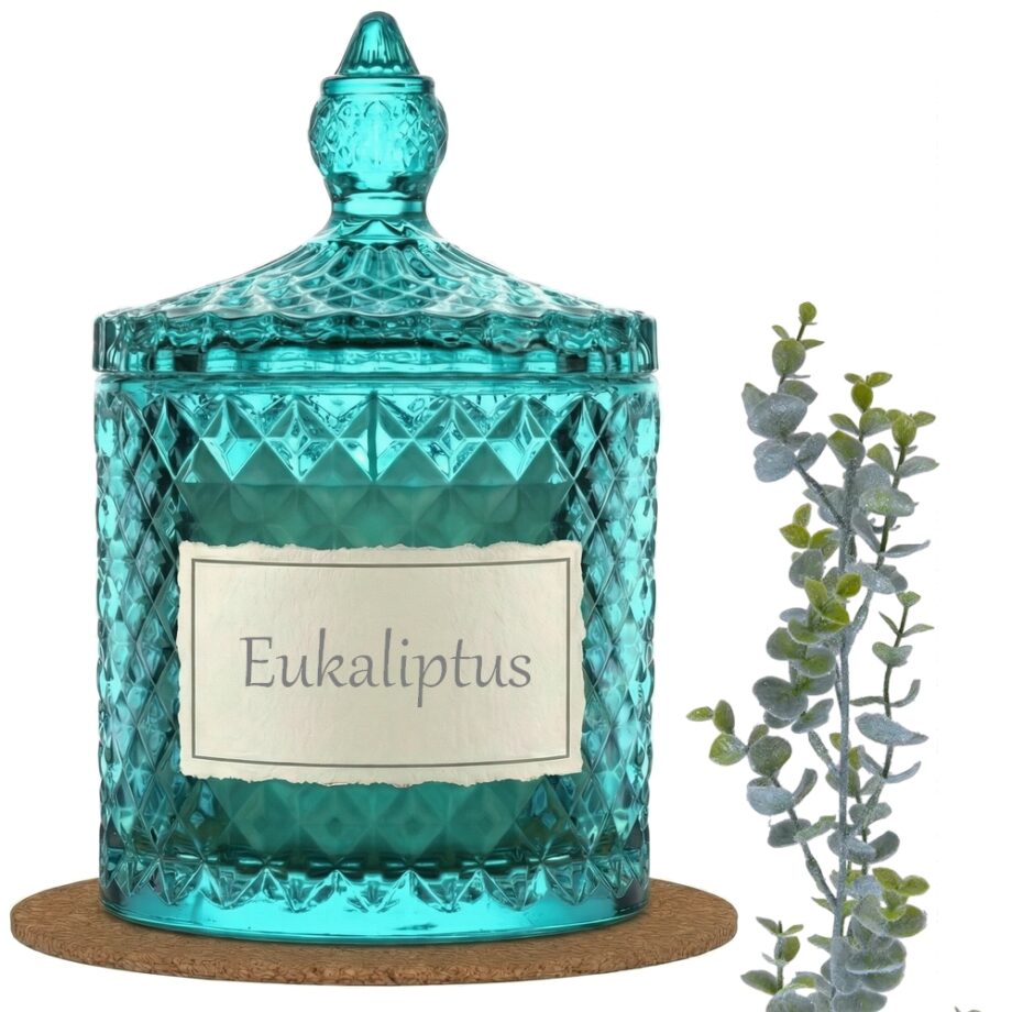 Świeca Zapachowa 330ml EUKALIPTUS w Krysztale | Świeca Sojowa, Czas palenia: ok. 100h, HANDMADE | z Korkową Podkładką, Seria: Cristal 330ml