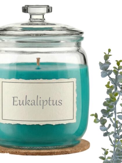 Świeca Zapachowa 750ml EUKALIPTUS w Szkle | Świeca Sojowa, Czas palenia: ok. 230h, HANDMADE | z Korkową Podkładką, Seria: Glass 750ml