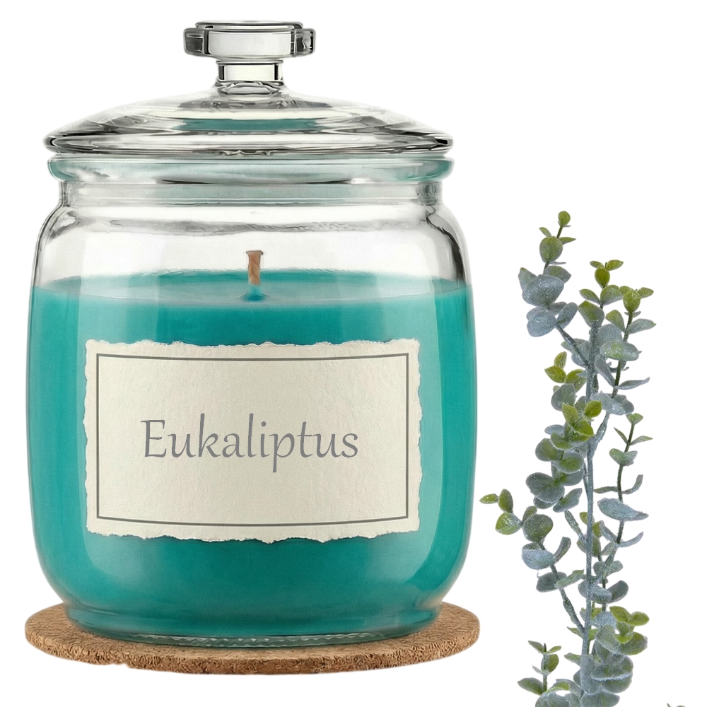 Świeca Zapachowa 750ml EUKALIPTUS w Szkle | Świeca Sojowa, Czas palenia: ok. 230h, HANDMADE | z Korkową Podkładką, Seria: Glass 750ml