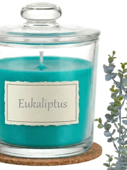 Świeca Zapachowa 440ml EUKALIPTUS w Szkle | Świeca Sojowa, Czas palenia: ok. 140h, HANDMADE | z Korkową Podkładką, Seria: Glass 440ml