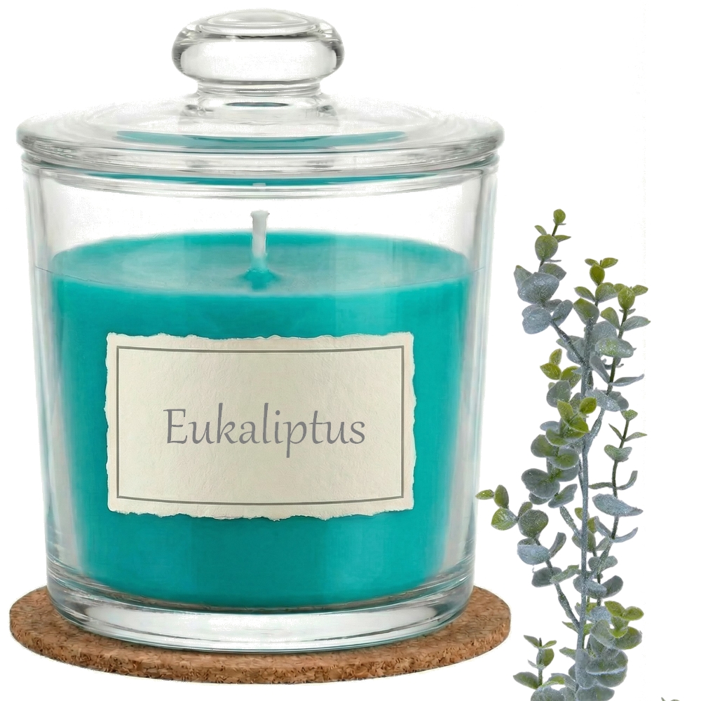 Świeca Zapachowa 440ml EUKALIPTUS w Szkle | Świeca Sojowa, Czas palenia: ok. 140h, HANDMADE | z Korkową Podkładką, Seria: Glass 440ml