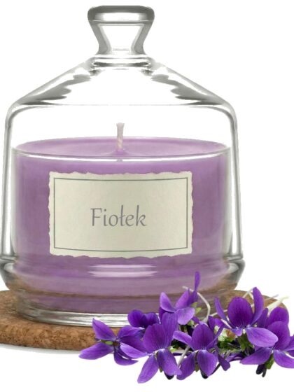 Świeca Zapachowa 280ml FIOŁEK w Szkle | Świeca Sojowa, Czas palenia: ok. 85h, HANDMADE | z Korkową Podkładką, Seria: Glass 280ml