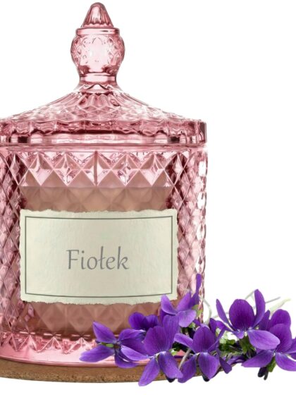 Świeca Zapachowa 330ml FIOŁEK w Krysztale | Świeca Sojowa, Czas palenia: ok. 100h, HANDMADE | z Korkową Podkładką, Seria: Cristal 330ml