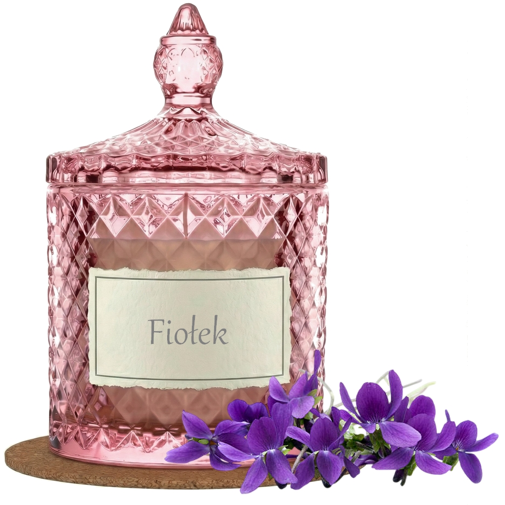 Świeca Zapachowa 330ml FIOŁEK w Krysztale | Świeca Sojowa, Czas palenia: ok. 100h, HANDMADE | z Korkową Podkładką, Seria: Cristal 330ml