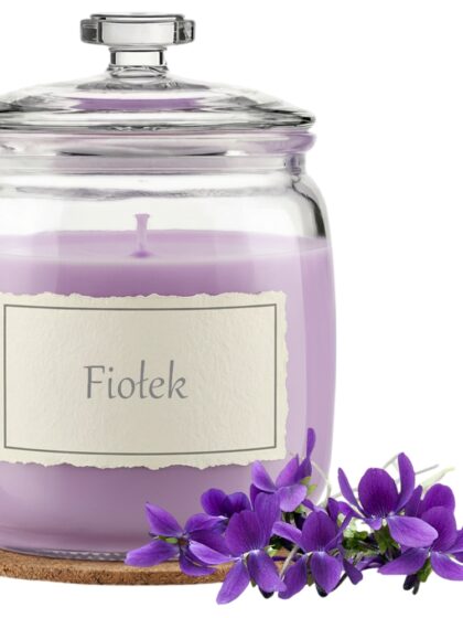 Świeca Zapachowa 750ml FIOŁEK w Szkle | Świeca Sojowa, Czas palenia: ok. 230h, HANDMADE | z Korkową Podkładką, Seria: Glass 750ml