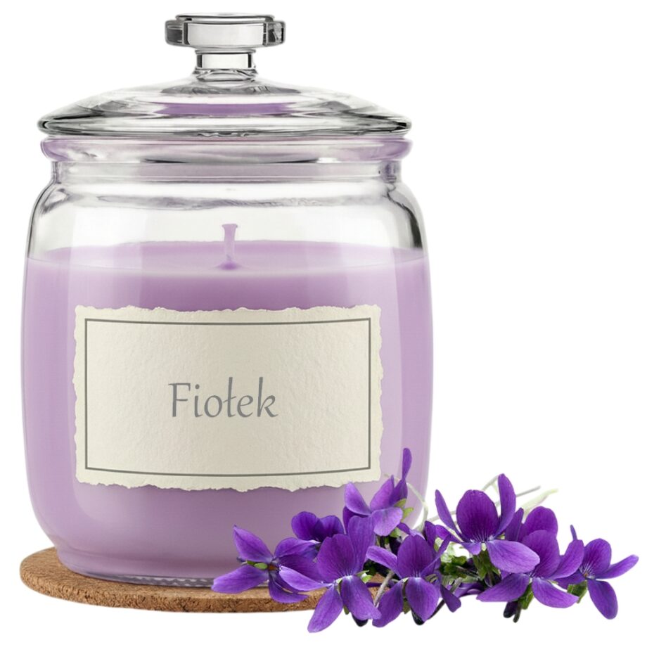 Świeca Zapachowa 750ml FIOŁEK w Szkle | Świeca Sojowa, Czas palenia: ok. 230h, HANDMADE | z Korkową Podkładką, Seria: Glass 750ml