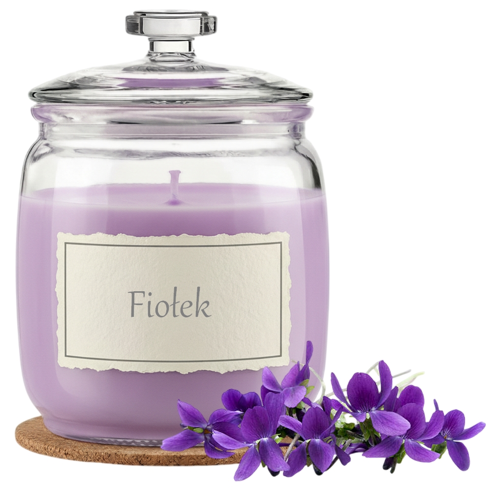 Świeca Zapachowa 750ml FIOŁEK w Szkle | Świeca Sojowa, Czas palenia: ok. 230h, HANDMADE | z Korkową Podkładką, Seria: Glass 750ml